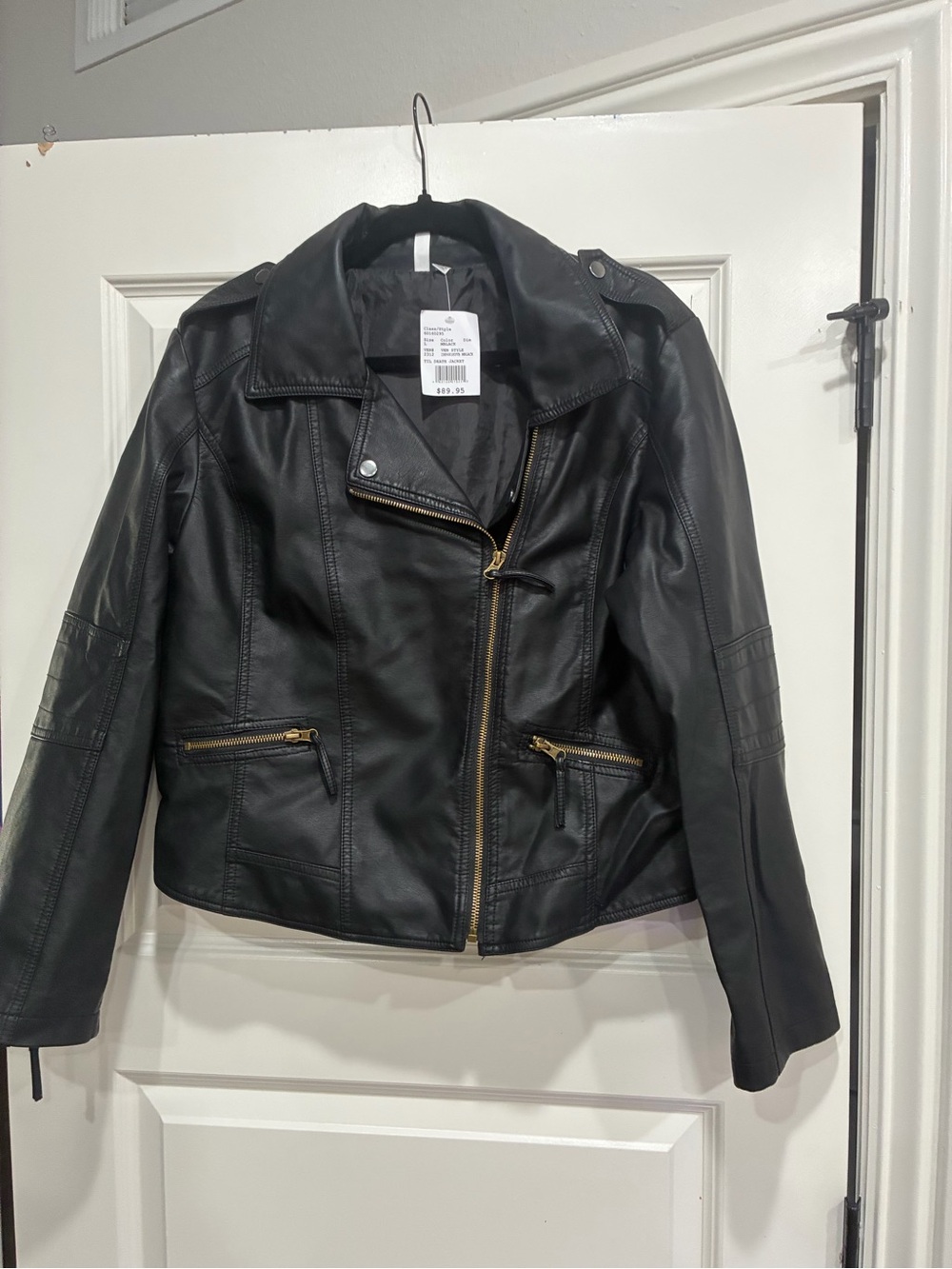 Black Faux Leather Moto Jacket with Gold Zippers by